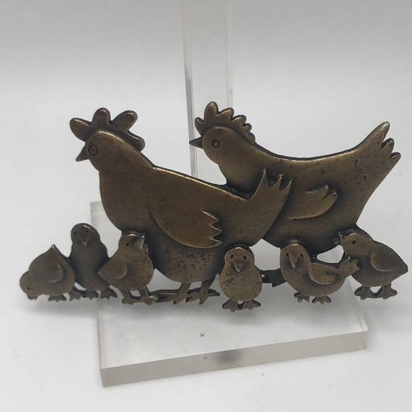 Vintage JJ Jonette Jewelry Gold Tone Hen & Chicks Brooch Pin Chicken Farm - Picture 5 of 5